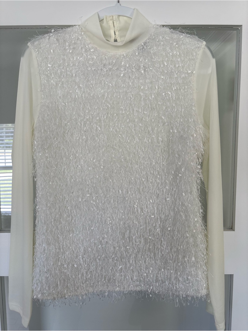 Gracia White Shag Knit Mock Neck Long Sleeve Top